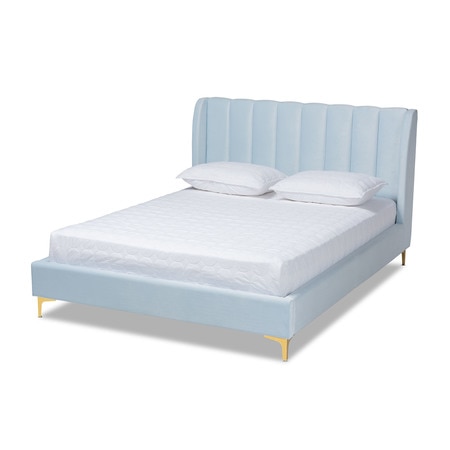 BAXTON STUDIO Saverio Blue Velvet Queen Size Platform Bed with Gold-Tone Legs 156-9100
